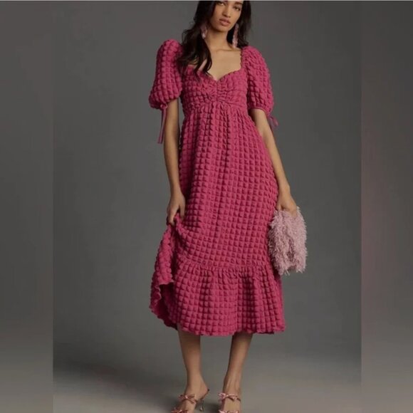 Endless Rose Textured Bubble Puff Sleeve Sweatheart Maxi Dress Mauve Dark Pink M - Picture 6 of 16